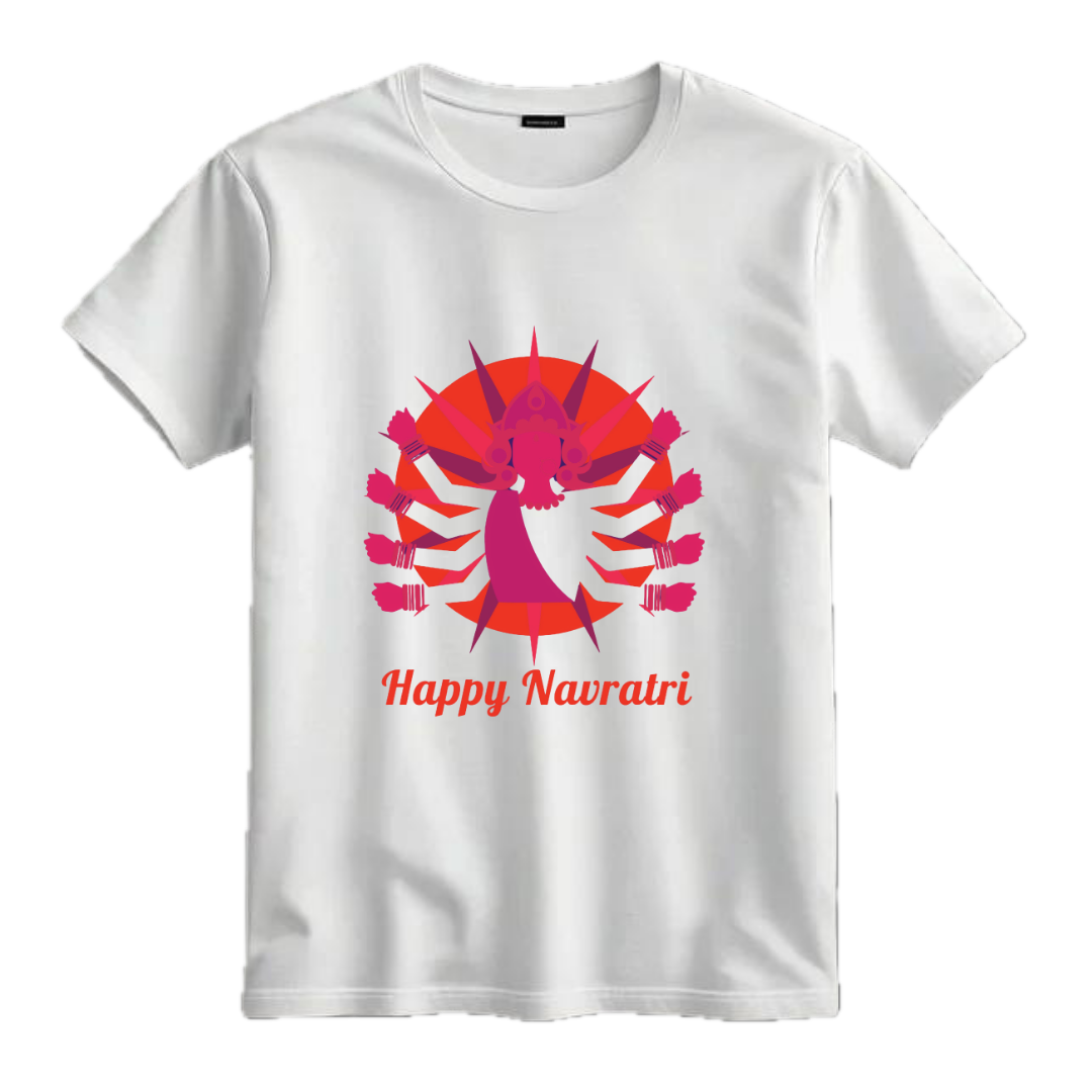 A Navratri Special Half Sleeves Unisex T shirt  White & Pink