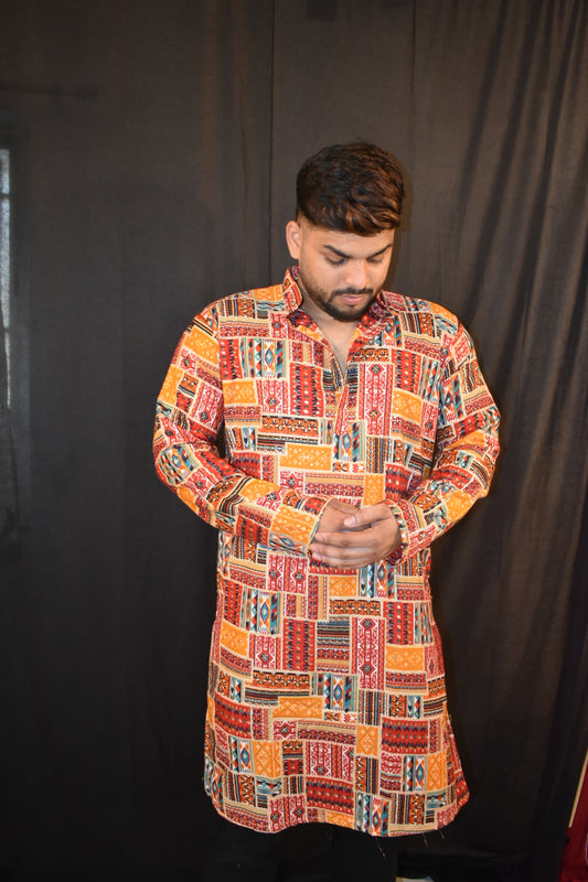 Terry Print Rayon Kurta for Men