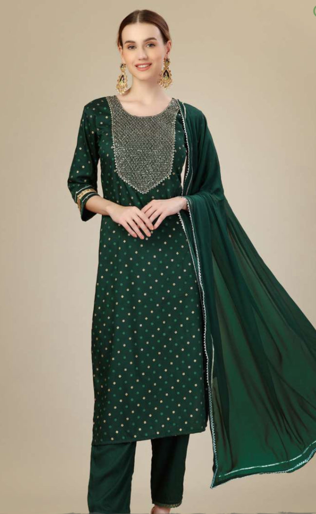 Silk blend Kurti Embroidery & Sequence Work on Chest with Silk Blended Pant & Kurta