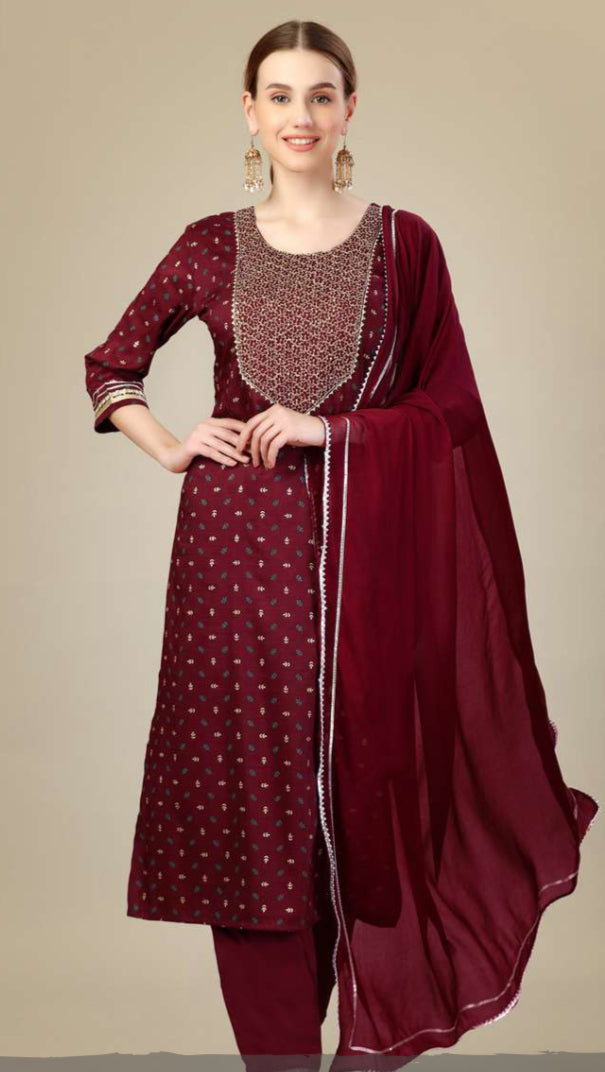 Silk blend Kurti Embroidery & Sequence Work on Chest with Silk Blended Pant & Kurta