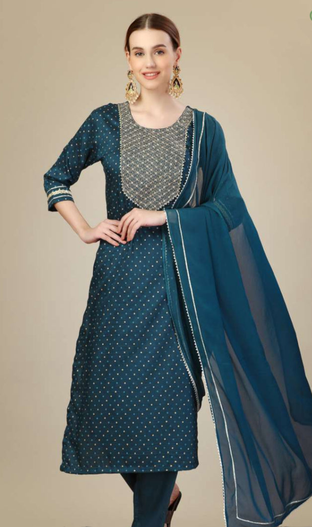 Silk blend Kurti Embroidery & Sequence Work on Chest with Silk Blended Pant & Kurta