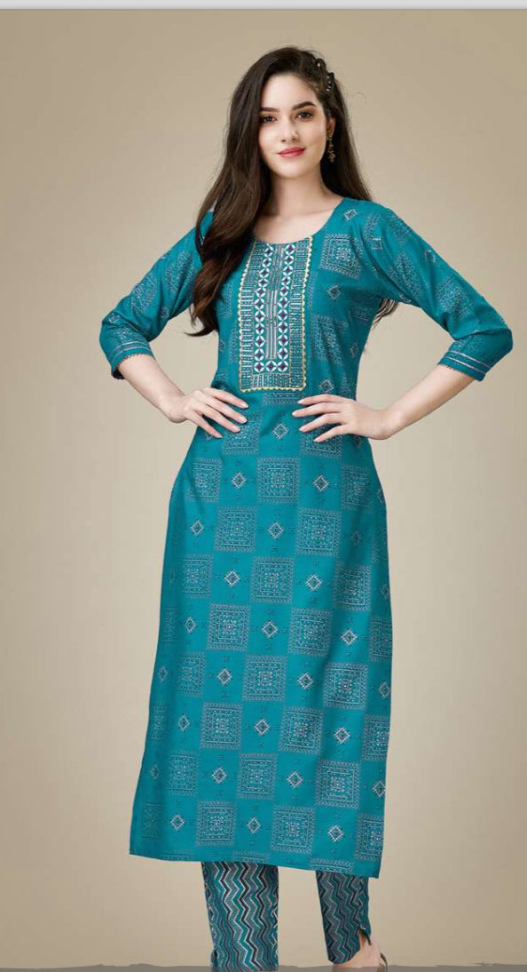 Heavy Rayon Kurti Embroidery , Pant & Kurta Liva