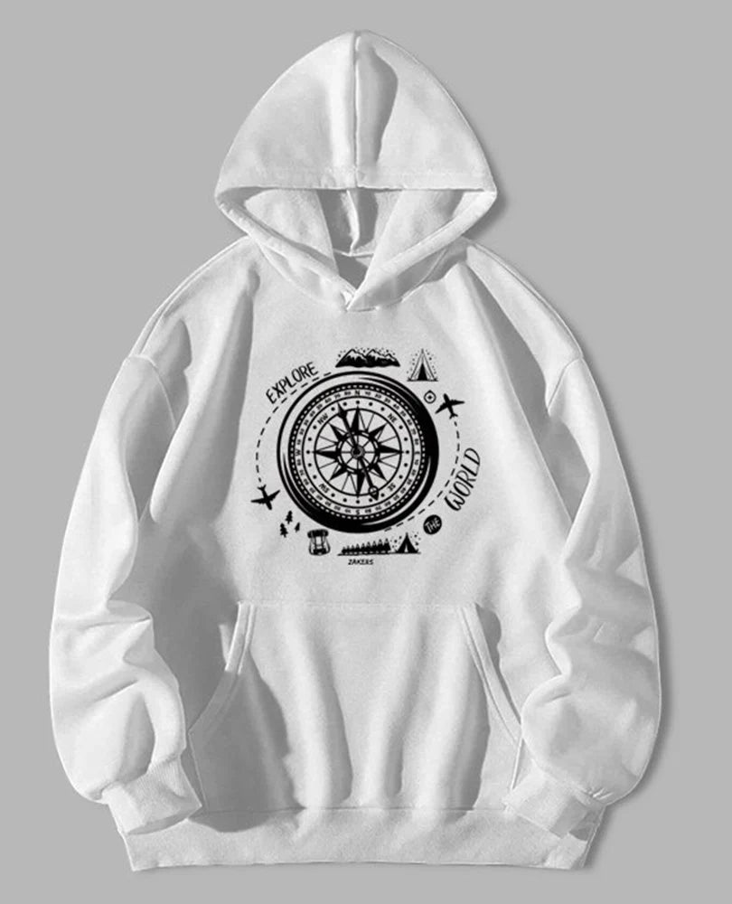 Compass White Printed Hoodies